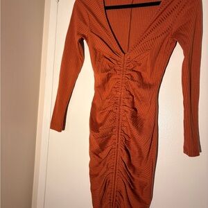 Club L London Ruched bodycon front long-sleeve cognac brown dress